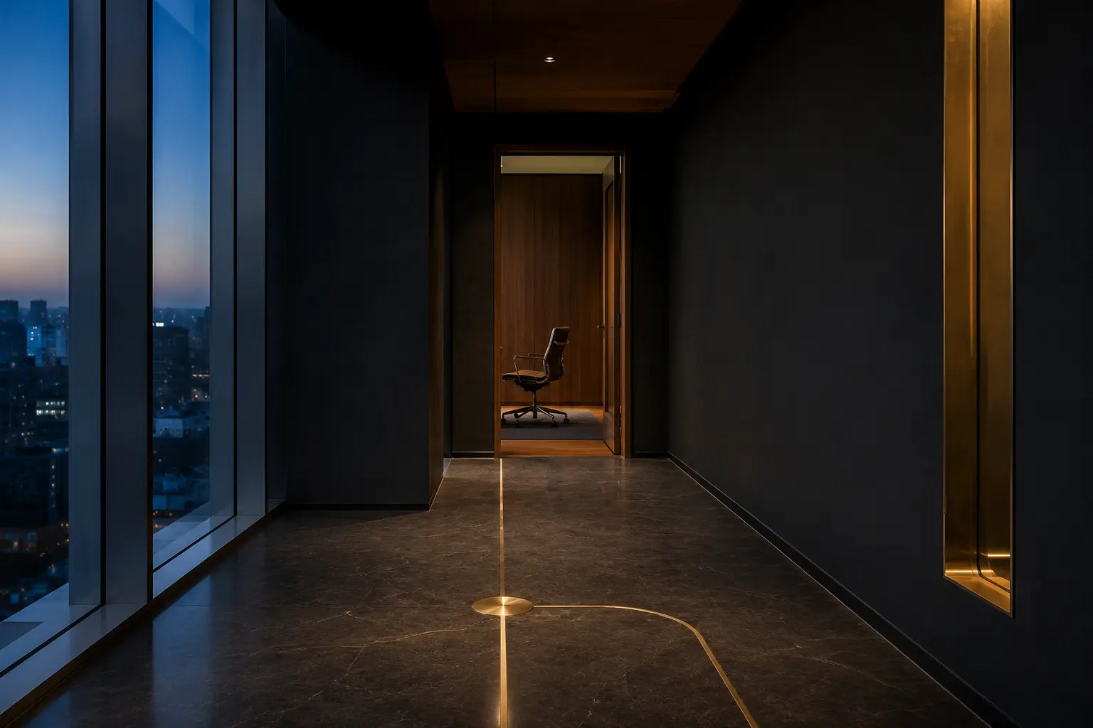 Long quiet executive corridor marked by one fine brass line